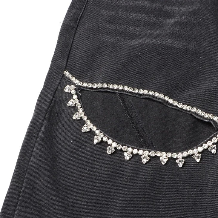 Black Denim Crystal-Slit Jeans