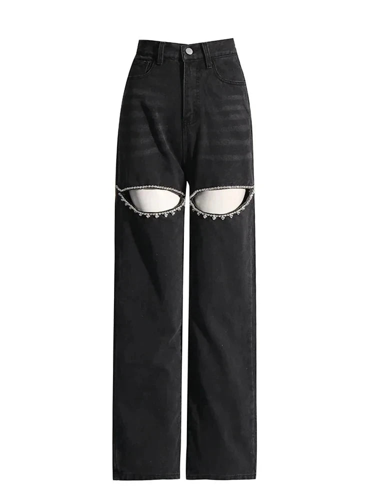 Black Denim Crystal-Slit Jeans