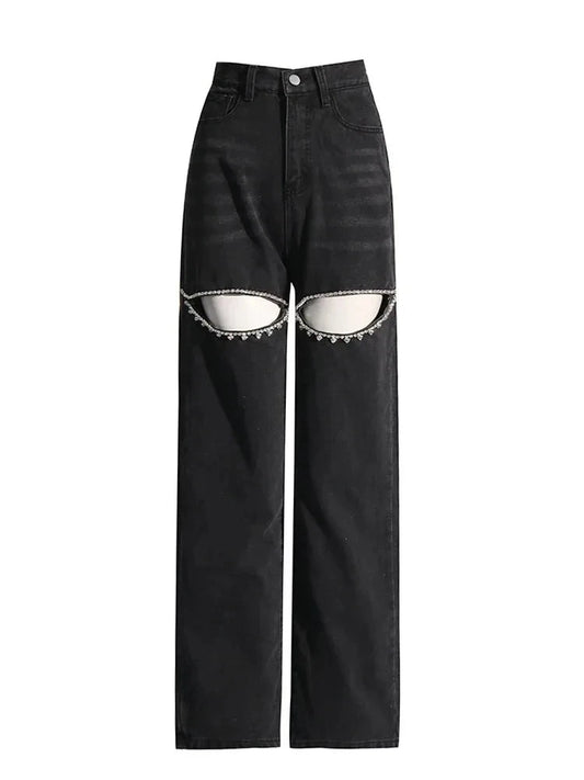Black Denim Crystal-Slit Jeans