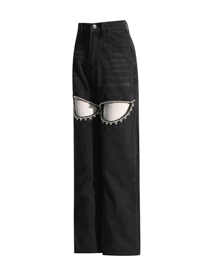 Black Denim Crystal-Slit Jeans