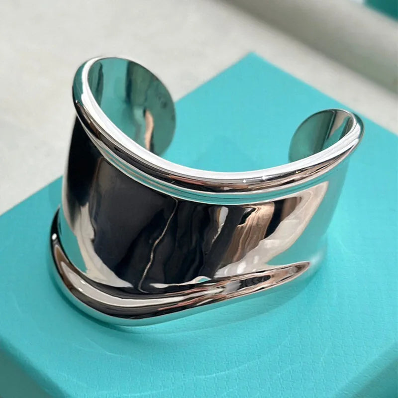 High Quality 925 Silver Plated Wide Edge Silver Open Bracelet For Women Luxury Fine Jewelry