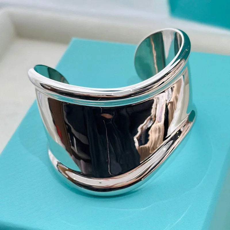 High Quality 925 Silver Plated Wide Edge Silver Open Bracelet For Women Luxury Fine Jewelry
