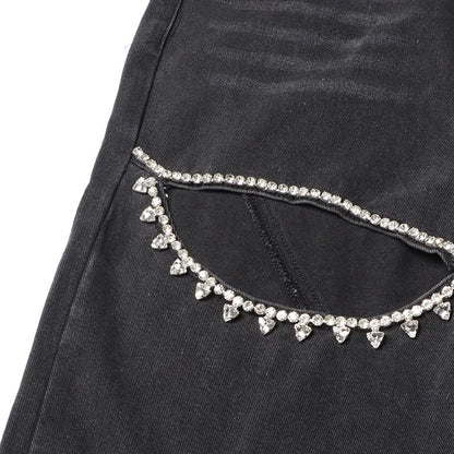 Black Denim Crystal-Slit Jeans